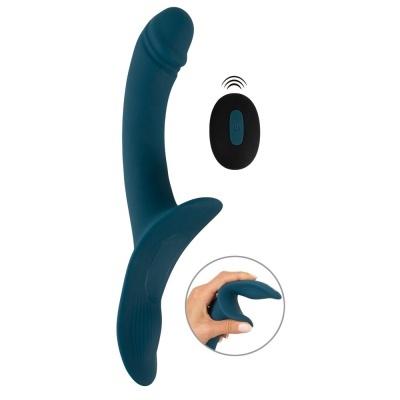 Vibrador azul escuro flexível em silicone com controlo remoto preto e botão azul.