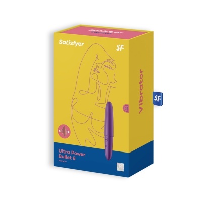 Embalagem de vibrador Satisfyer cor roxa com design abstrato de rosto.