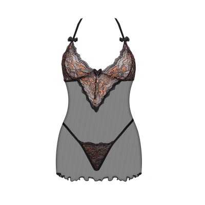 robe e calcinha de lingerie preta e bege com renda e transparência