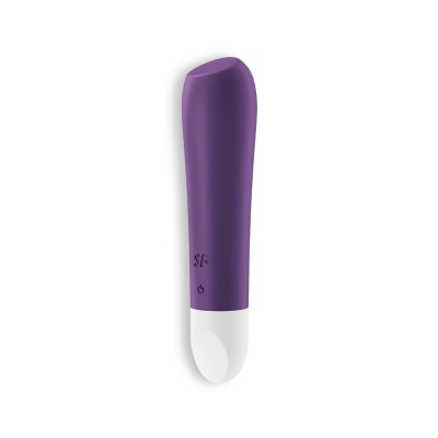 Vibrador roxo com base branca e botões de controlo