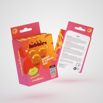 Embalagem rosa e laranja do produto lubbies kissable crushies com texto em inglês e ilustrações