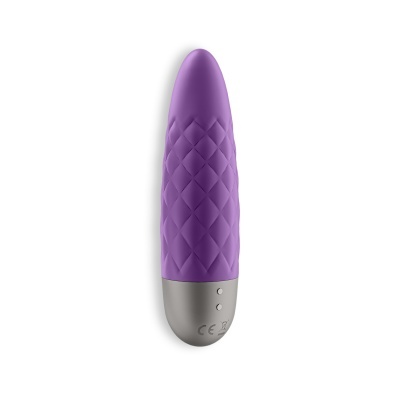 Vibrador roxo com textura e base cinza em fundo branco