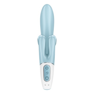 Vibrador azul com controlo em branco e azul, formato coelho