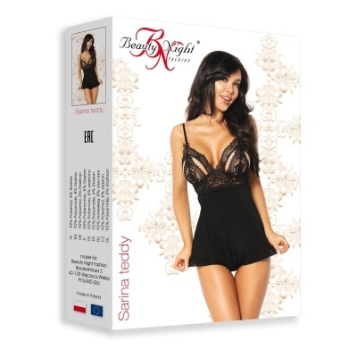 Embalagem lingerie preta com renda e transparência modelo Sarina teddy