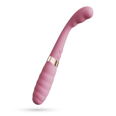 Vibrador rosa com textura e botões, fundo branco