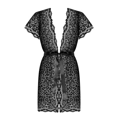 Robe feminino em renda preta com padrão animal print e cinto preto