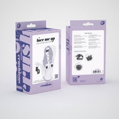 Caixa de embalagem lilás com texto e ilustração de acessórios de bondage