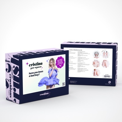 Caixa de embalagem do produto cristina your pleasure da crushdolls com imagens e texto explicativo.