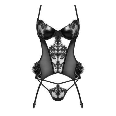 Conjunto de lingerie preto com corpete e tanga em renda e tecido translúcido