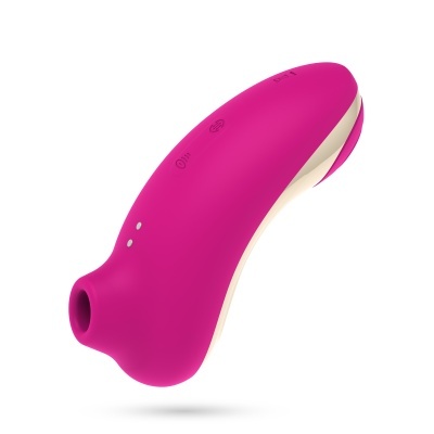 Dispositivo ergonómico rosado com botões e LEDs em fundo branco