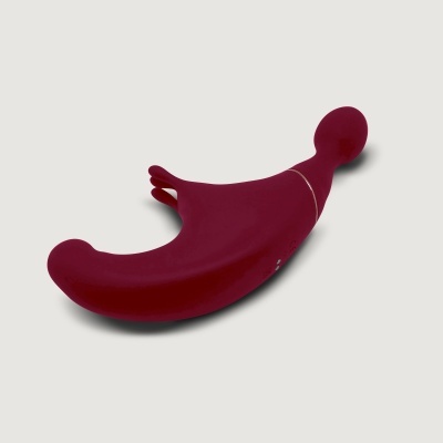 Vibrador vermelho curvado em silicone com botão prateado