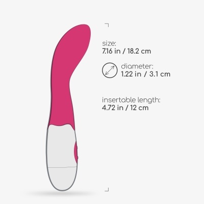 Vibrador rosa e branco com especificações de tamanho