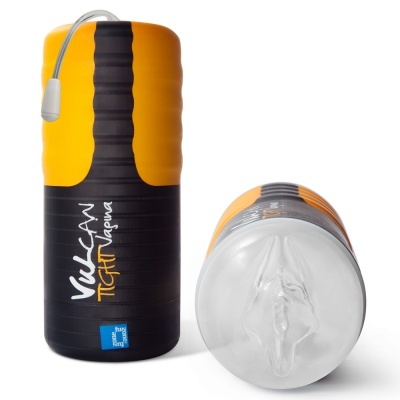 Dispositivos sexuais masculinos VULCAN TOYNaplha em preto, laranja e transparente com textura similar a lábios