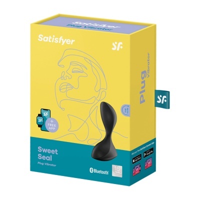 Embalagem amarela e azul do vibrador Plug Vibrator Sweet Black da Satisfyer com ilustração e texto técnico.