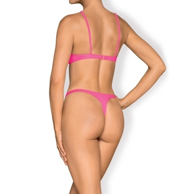 Conjunto de lingerie rosa com sutiã e tanga fio dental visto de costas