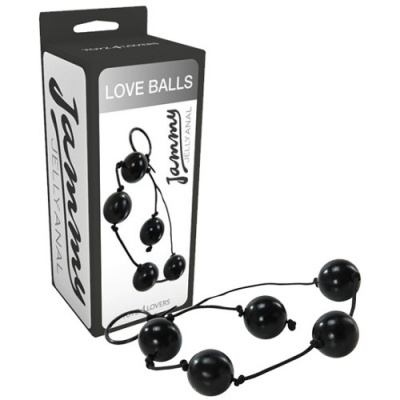 Bolas sexuais negras ligadas por fio com embalagem ao lado