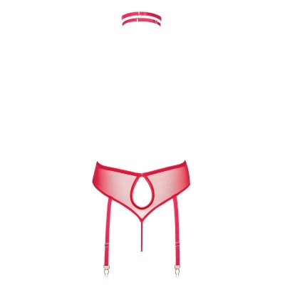 Conjunto de lingerie vermelho com cinta-liga e coleira