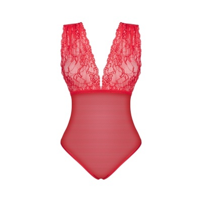Body feminino vermelho com renda e tecido transparente