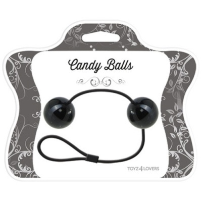 Embalagem com duas bolas pretas ligadas por cordão preto, produto Candy Balls
