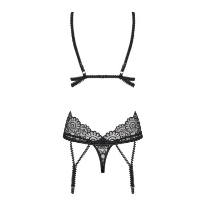 Conjunto de lingerie preto em renda com detalhes em elástico e tiras ajustáveis