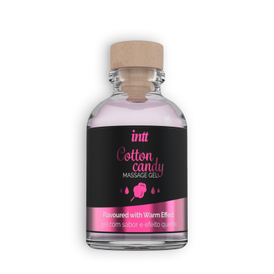 Frasco de gel de massagem intt Cotton candy com rótulo preto e tampa de madeira