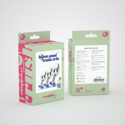 Conjunto bijou anal trio metálico em embalagem verde e rosa.