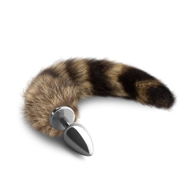 Plug anal metálico com cauda de pêlo listrado castanho e preto