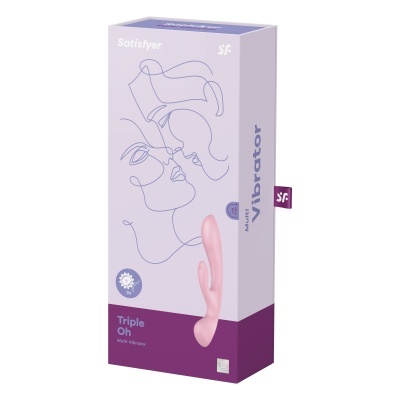 Embalagem lilás e roxa de vibrador cor-de-rosa Triple Oh da marca Satisfyer com ilustração minimalista