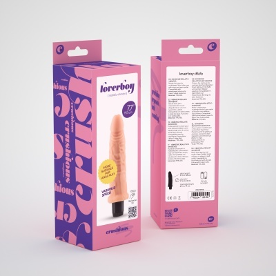 Embalagem cor de rosa e roxa com dildo de cor pele visível e texto 'loverboy dildo'.