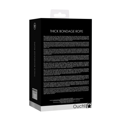 Embalagem preta de corda de bondage com texto branco e marca Ouch!