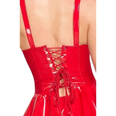 vestido vermelho sintético com fecho de cordão nas costas.