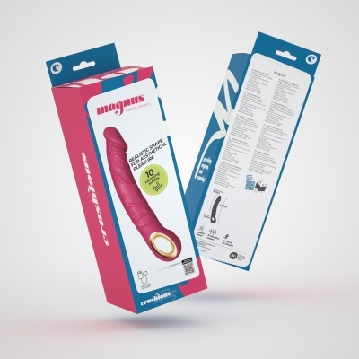 Caixas do vibrador rosa Magnus para massagem prostática, com texto e detalhes em azul e rosa