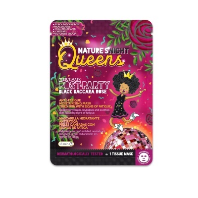 Máscara facial de tecido Nature's Night Queens Post Party Black Baccara Rose embalagem roxa