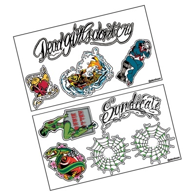 Folhas com autocolantes coloridos e textos estilizados