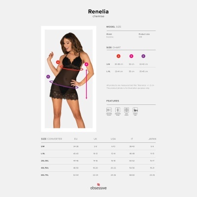 Modelo feminina com vestido preto rendado e transparente, tabela de medidas e descrição do produto Renelia no fundo branco