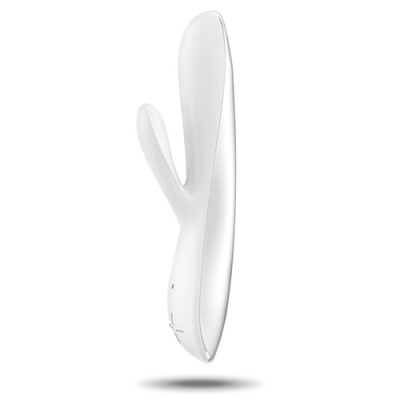Vibrador branco ergonómico com duas pontas e botões laterais em fundo branco