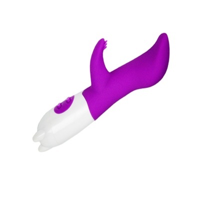 Vibrador roxo e branco com botões de controlo e formato anatómico