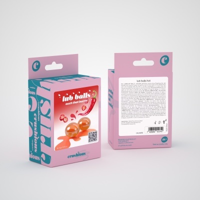 Caixa rosa e azul turquesa com texto e imagem de bolas laranja translúcidas