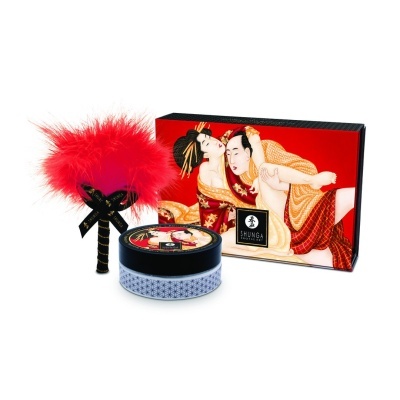 Conjunto erótico Shunga com pena vermelha e caixa ilustrada