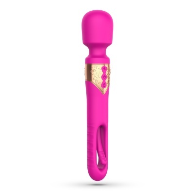 Vibrador rosa em silicone com detalhes dourados e três botões