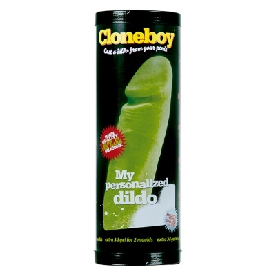 Embalagem preta de dildo personalizado Cloneboy com imagem verde e textos promocionais em inglês