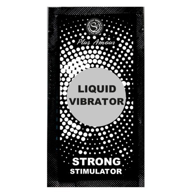 Embalagem preta com texto 'LIQUID VIBRATOR' e 'STRONG STIMULATOR'