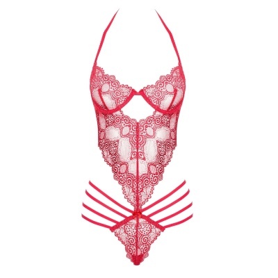 Body de renda vermelha com padrão floral e tiras decorativas