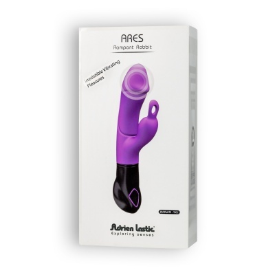 Caixa branca com vibrador roxo 'ARES Rampant Rabbit' da marca Adrien Lastic
