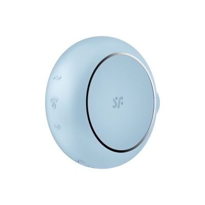 Dispositivo redondo azul claro com botão circular prateado e símbolos em relevo