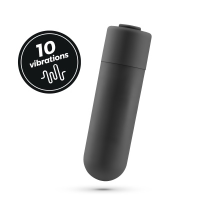 Vibrador pequeno preto com botão e selo '10 vibrations'