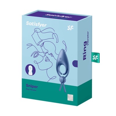 Embalagem azul e verde do vibrador Satisfyer Sniper Ring Vibrator com ilustração de rosto e vibrador azul escuro
