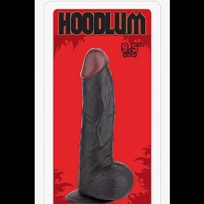 Dildo preto realista de 24 cm com embalagem vermelha e texto HOODLUM