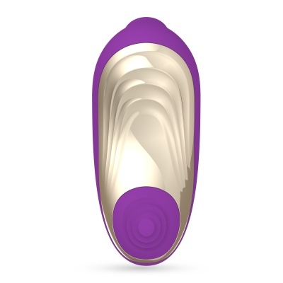 Dispositivo eletrônico roxo com interior prateado em fundo branco