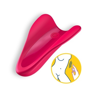 Dispositivo sexual rosa em silicone com ilustração de uso ao lado.